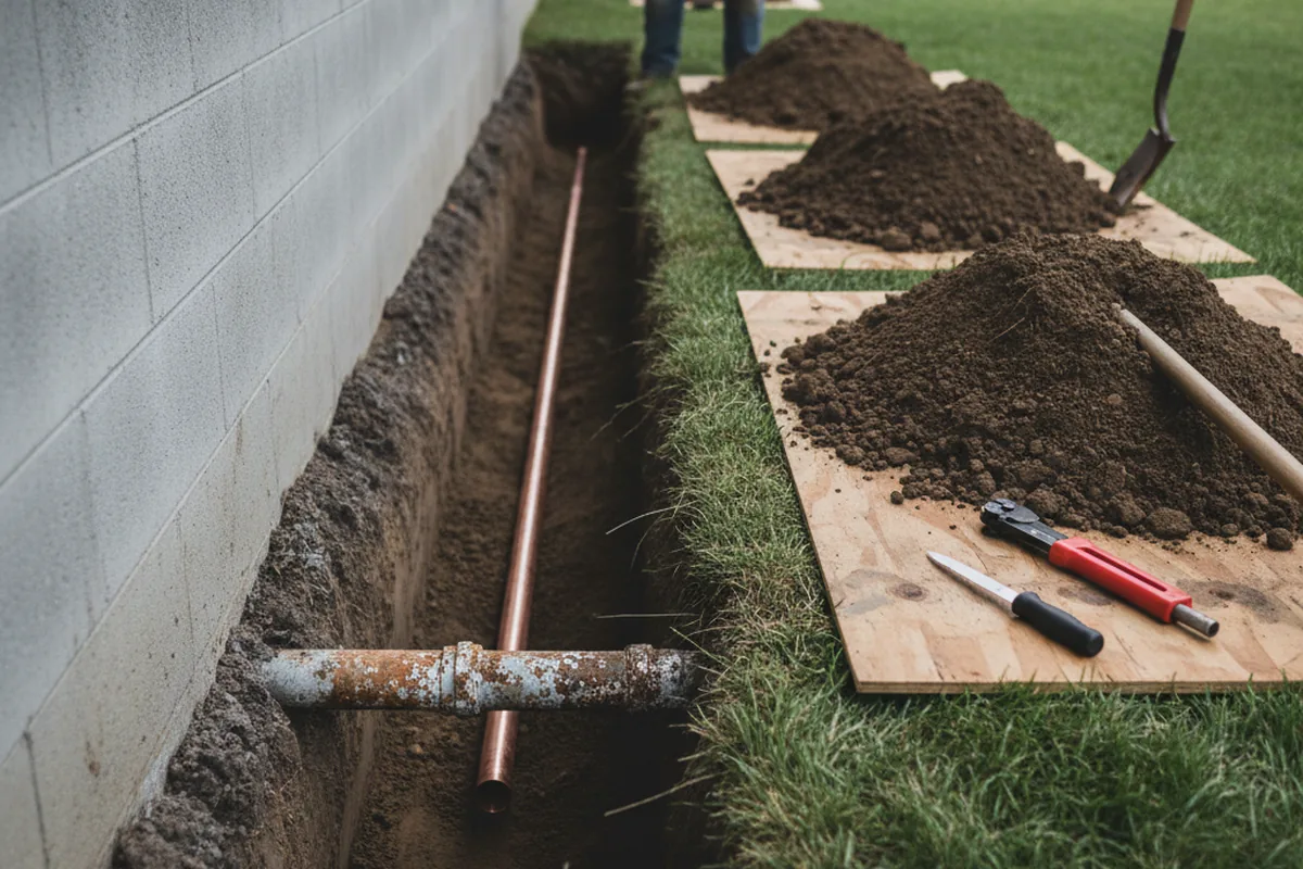 Excavated water line trench during Water Softener Installation in Fox Lake